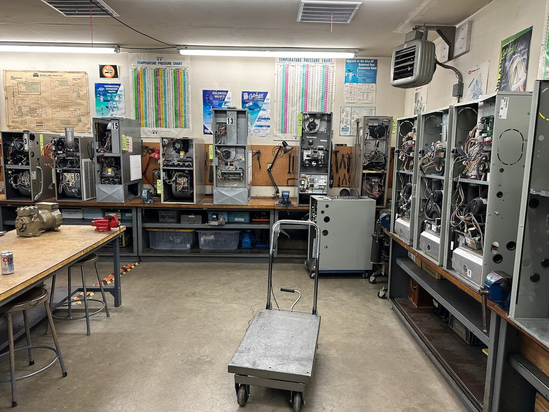 Wide overview of the HVAC School training lab used for seminars and testing
